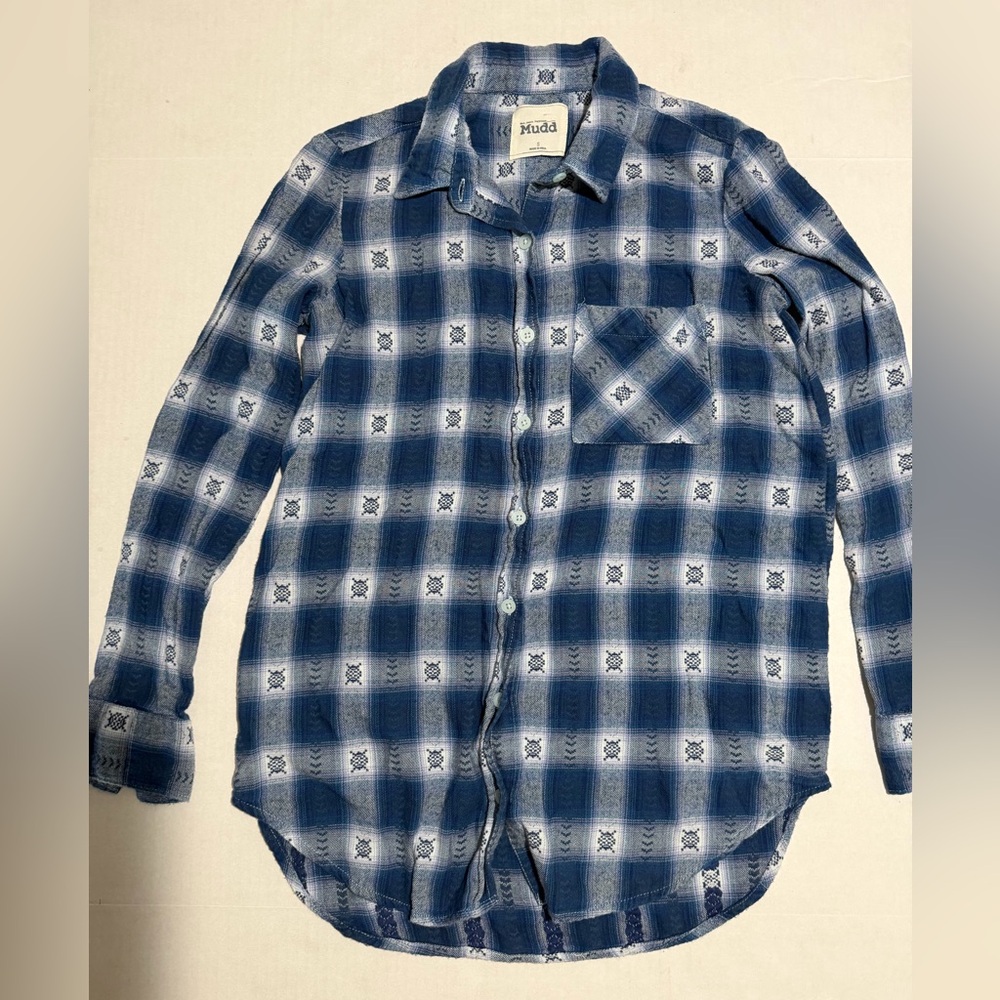 mudd brand blue flannel‎ ls button up shirt, women's small #1266